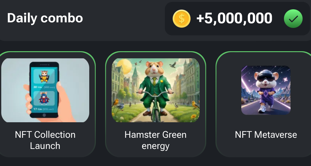 Нові комбо-картки Hamster Kombat за 29-30 липня: Hamster Green Energy, NFT Collection Launch і NFT Metaverse