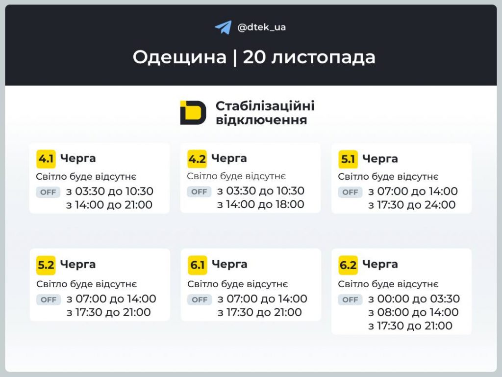 Стабилизационные отключения электроэнергии в Одесской области 20 ноября: подробный график
