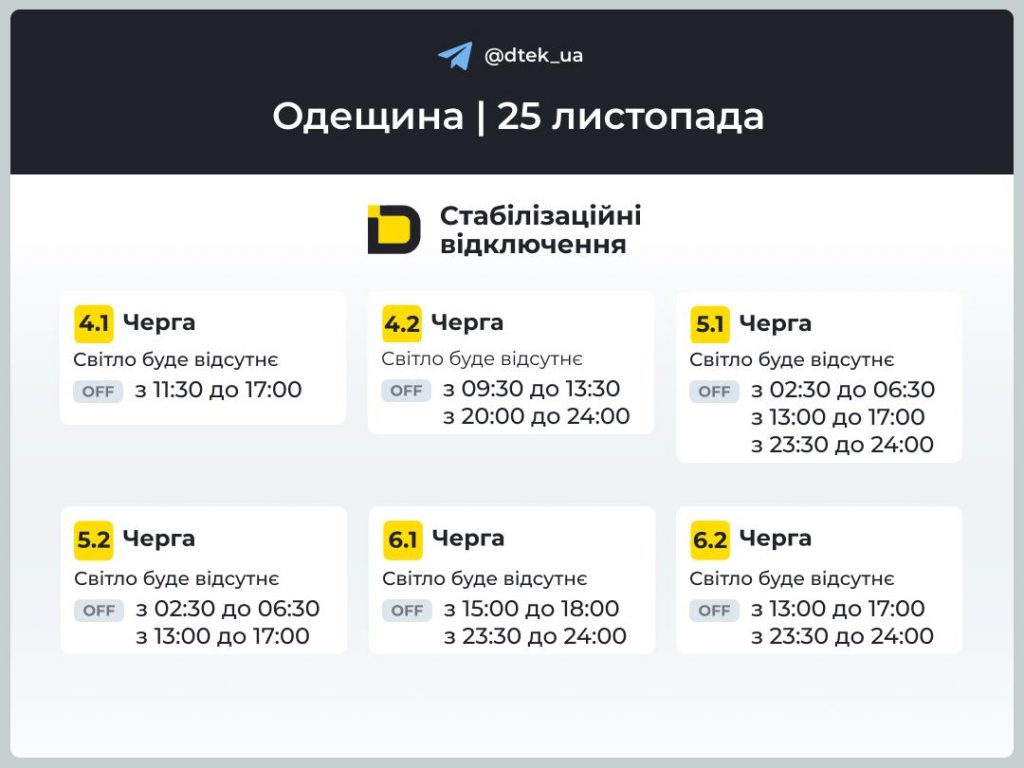 Стабилизационные отключения электроэнергии в Одесской области 25 ноября: расписание для всех очередей