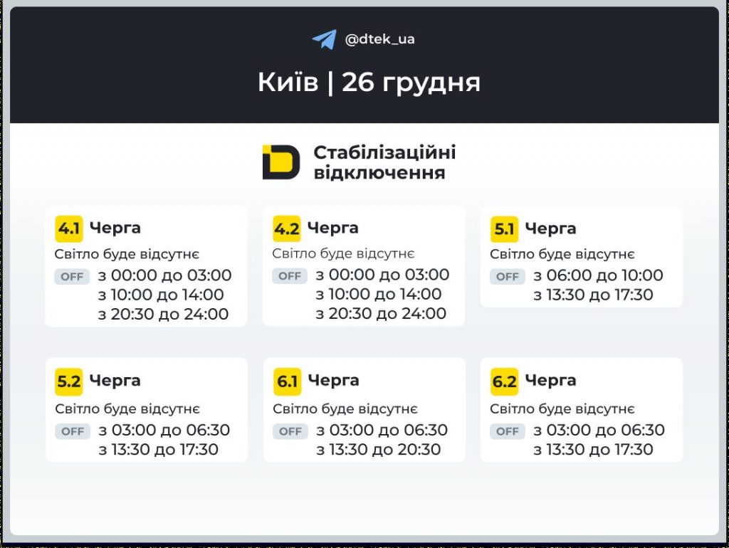 Почасовые отключения электроэнергии в Киеве 26 декабря