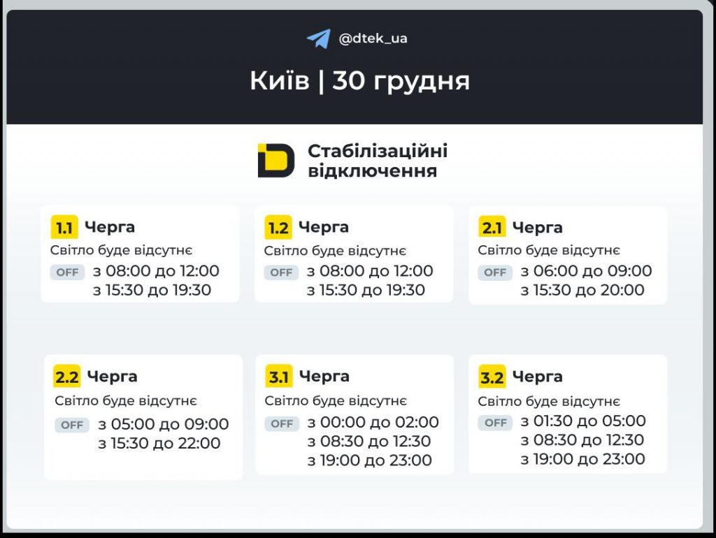 Отключения света в Киеве 30 декабря: актуальная информация для правого и левого берега