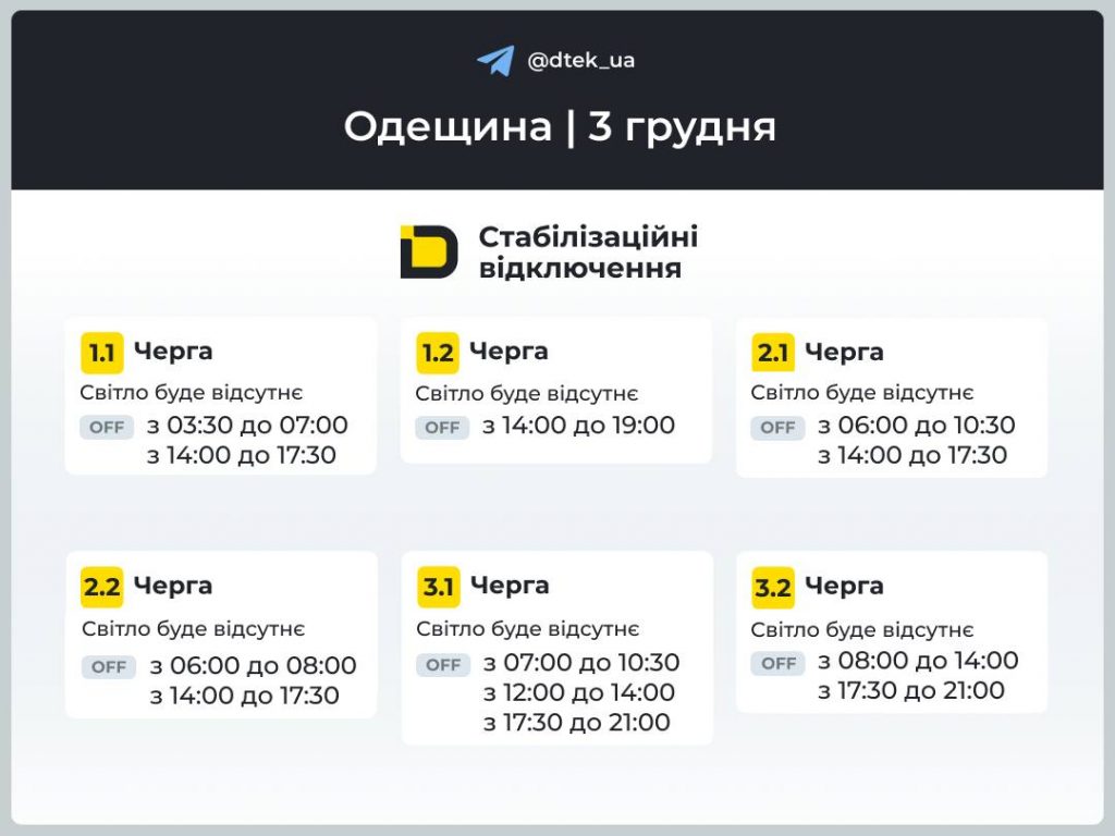 Отключение света в Одесской области 3 декабря: актуальный график по очередям