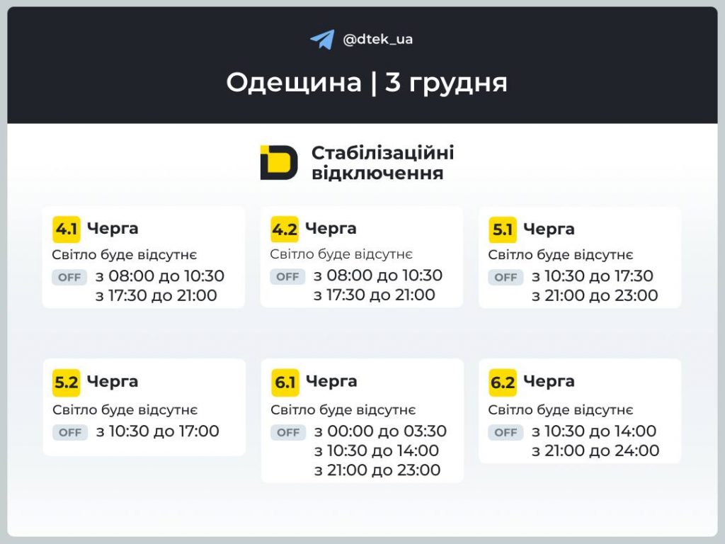 Отключение света в Одесской области 3 декабря: актуальный график по очередям
