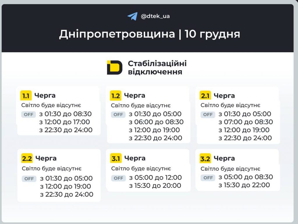 Как будут отключать свет в Днепропетровской области 10 декабря: полное расписание по очередям