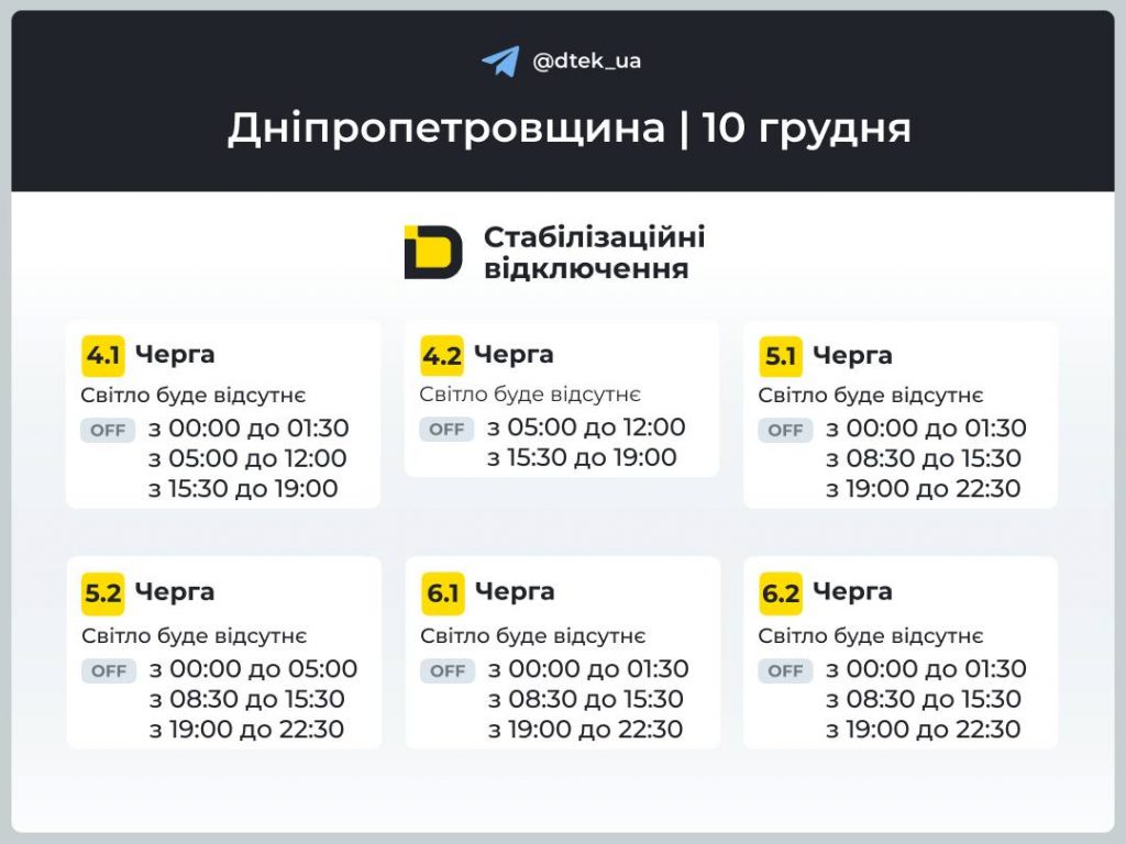 Как будут отключать свет в Днепропетровской области 10 декабря: полное расписание по очередям