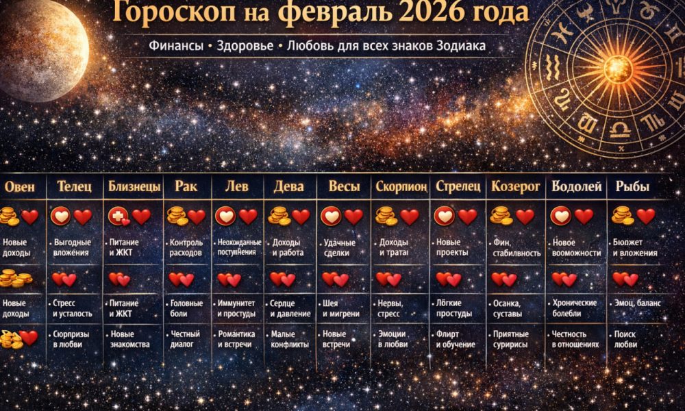 Детальный гороскоп на февраль 2026: финансы, здоровье, любовь для всех знаков Зодиака