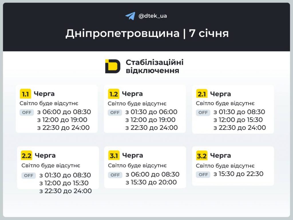 Расписание стабилизационных отключений в Днепропетровской области 7 января: графики ЦЭК и ДТЭК
