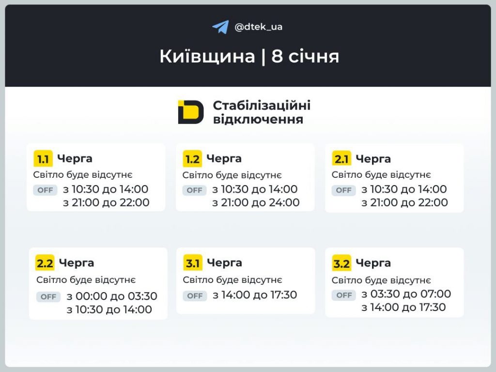График отключений света в Киевской области на 8 января