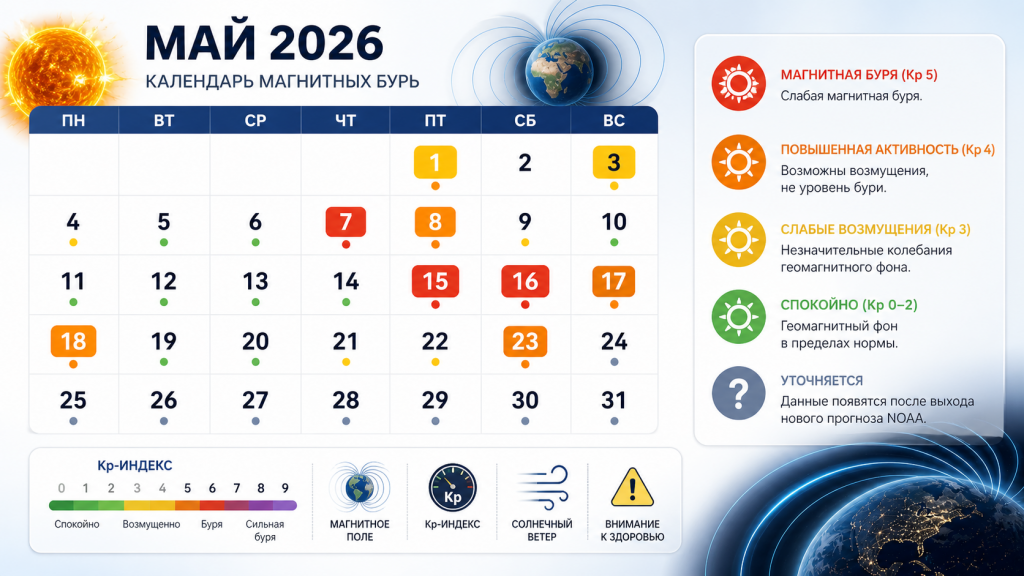 Магнитные бури в мае 2026: полный календарь опасных дней и прогноз по датам
