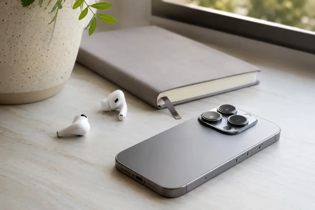 смартфон Oppo Reno16 на светлом столе рядом с коробкой и зарядным кабелем