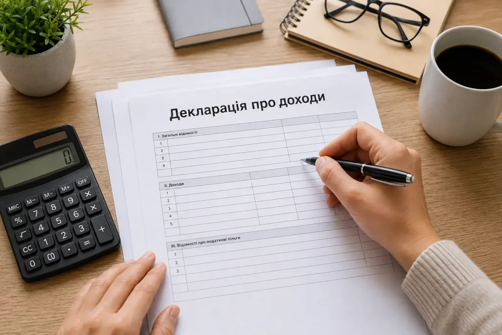 заполнение налоговой декларации за рабочим столом.