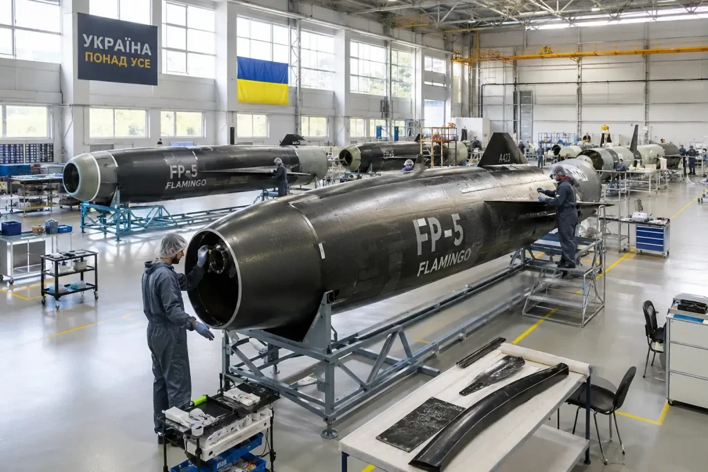 Производственная линия с корпусами украинских крылатых ракет «Фламинго».]