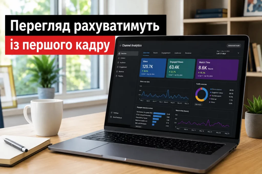 экран YouTube Analytics с показателями Views, Engaged Views и Watch Time.