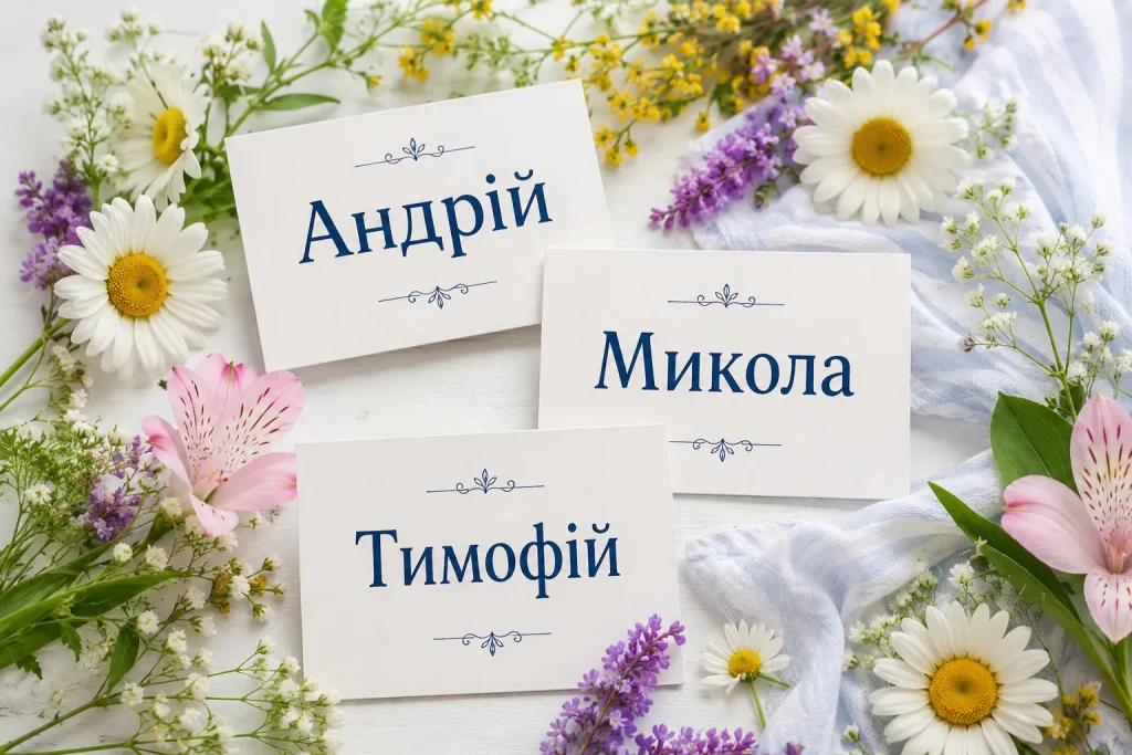  праздничная открытка с именами Андрей, Николай и Тимофей.