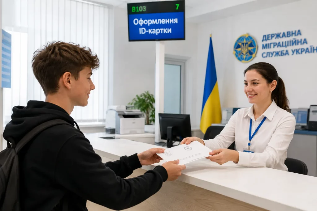подросток получает ID-карту в подразделении миграционной службы