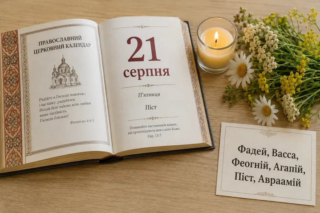 церковный календарь с датой 21 августа, светлые цветы и праздничная открытка