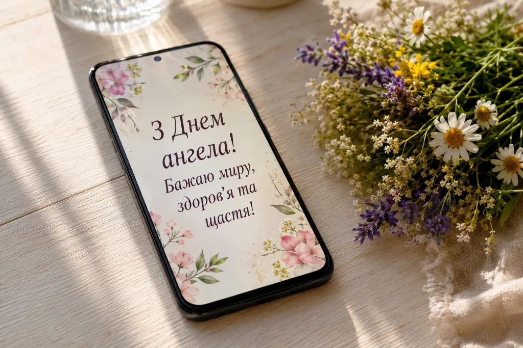 смартфон с поздравлением «С Днем ангела!», букет светлых цветов и небольшая открытка