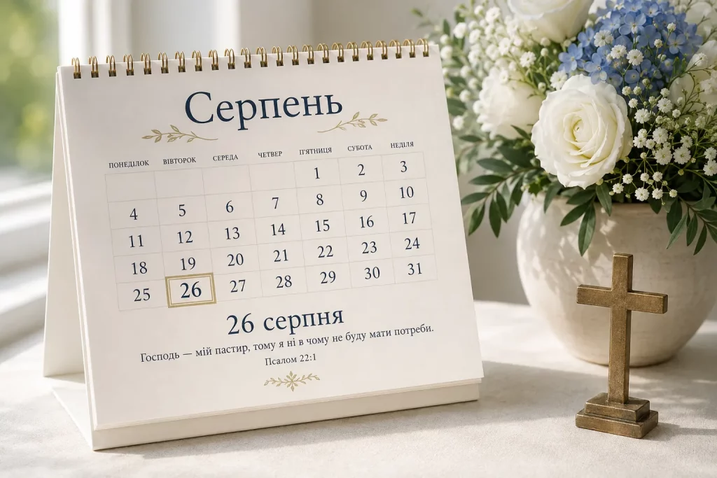 календарь с датой 26 августа, цветы и поздравительная открытка