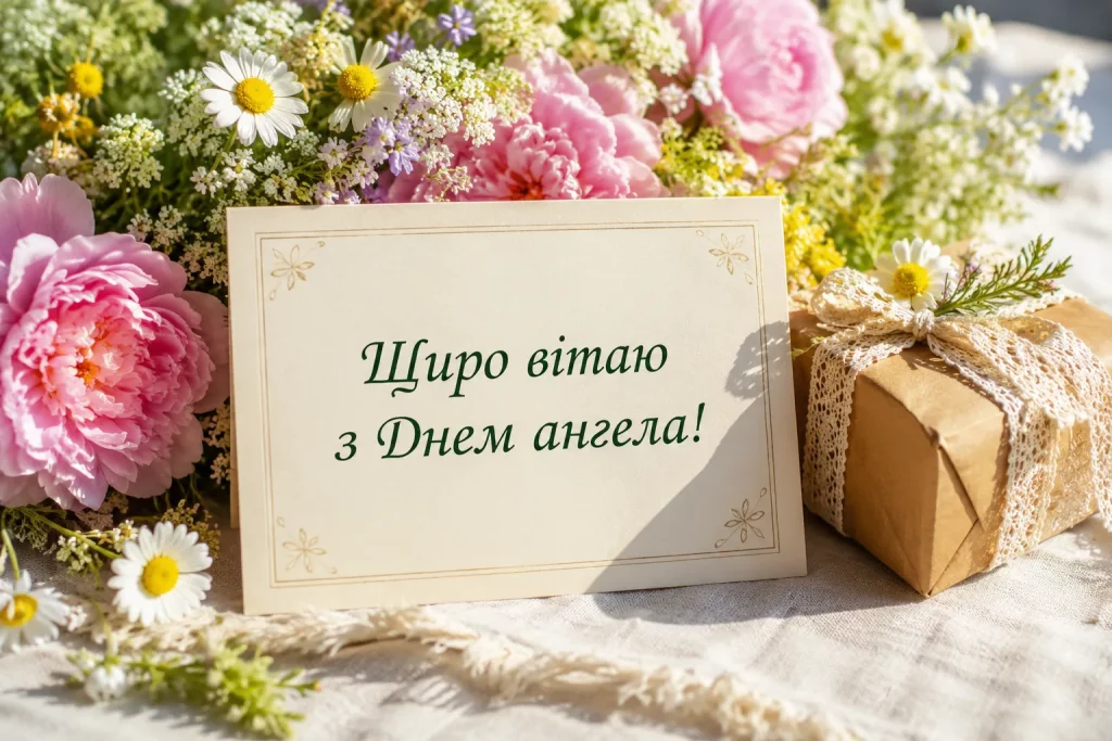 человек получает цветы и открытку с поздравлением с именинами