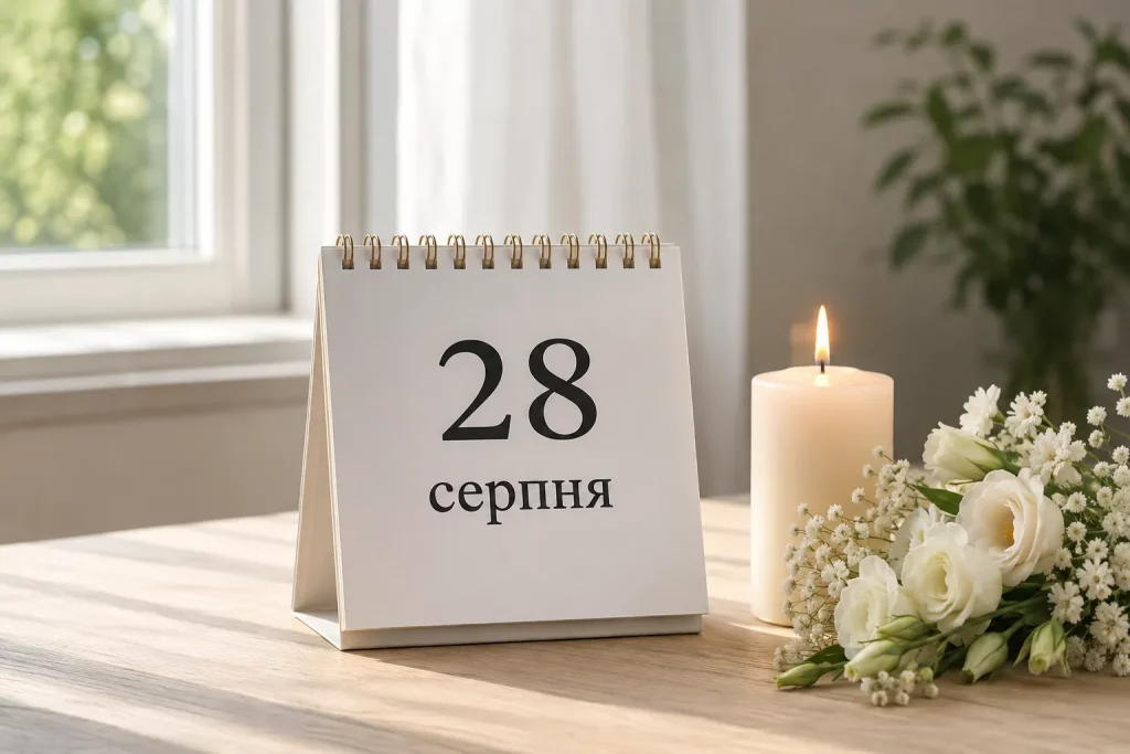 календарь с датой «28 серпня», церковная свеча и светлые цветы.