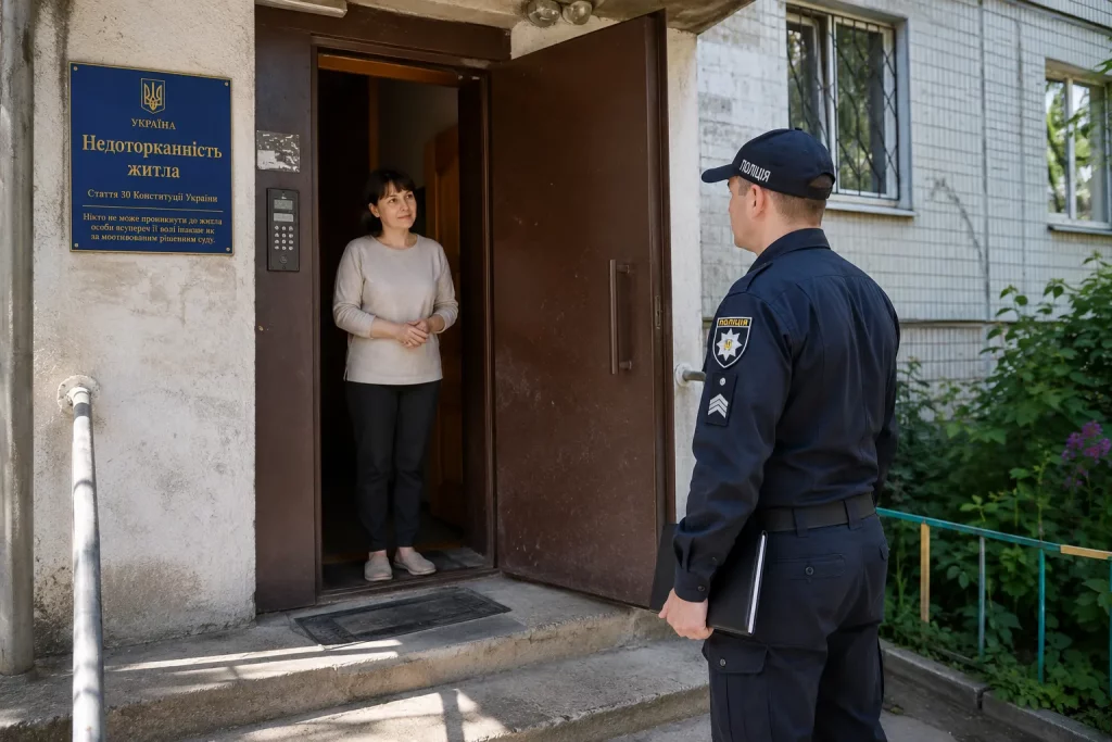 разговор гражданина с полицейским у входа в жилой дом
