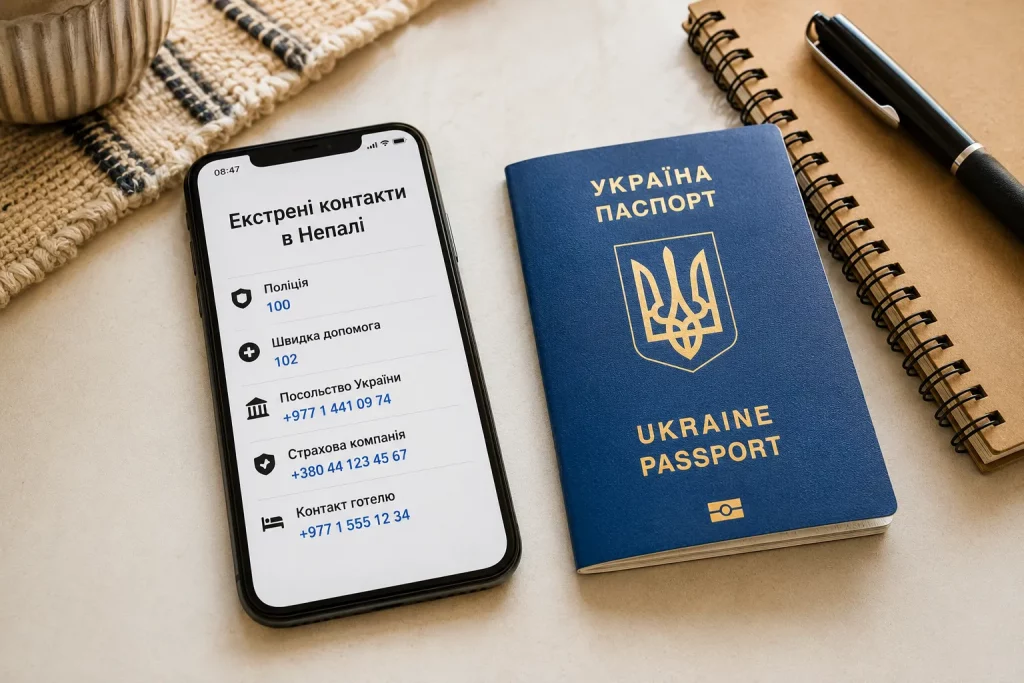 телефон со списком экстренных номеров Непала и украинский загранпаспорт