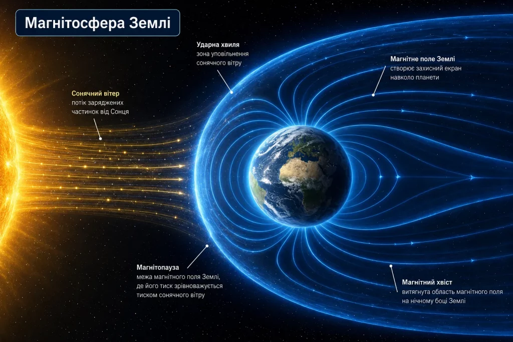 Солнце и схема магнитосферы Земли