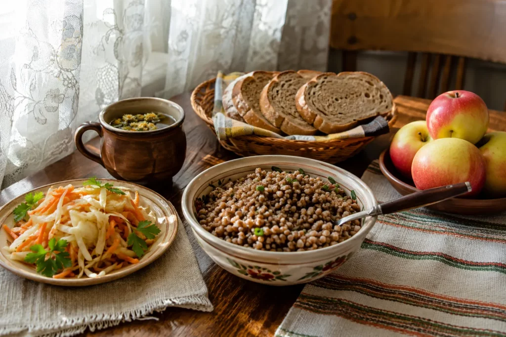 постная домашняя трапеза с овощами, хлебом и крупами