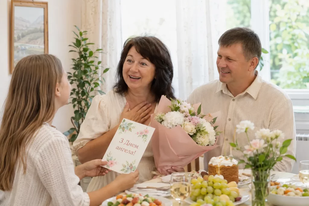 поздравительная открытка, цветы и церковный календарь.