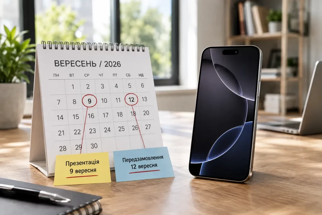 смартфон Apple рядом с календарем, где отмечено 12 сентября.