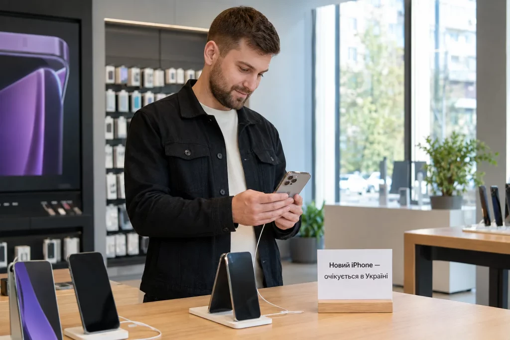 iPhone Pro крупным планом на светлом столе рядом с коробкой и аксессуарами.