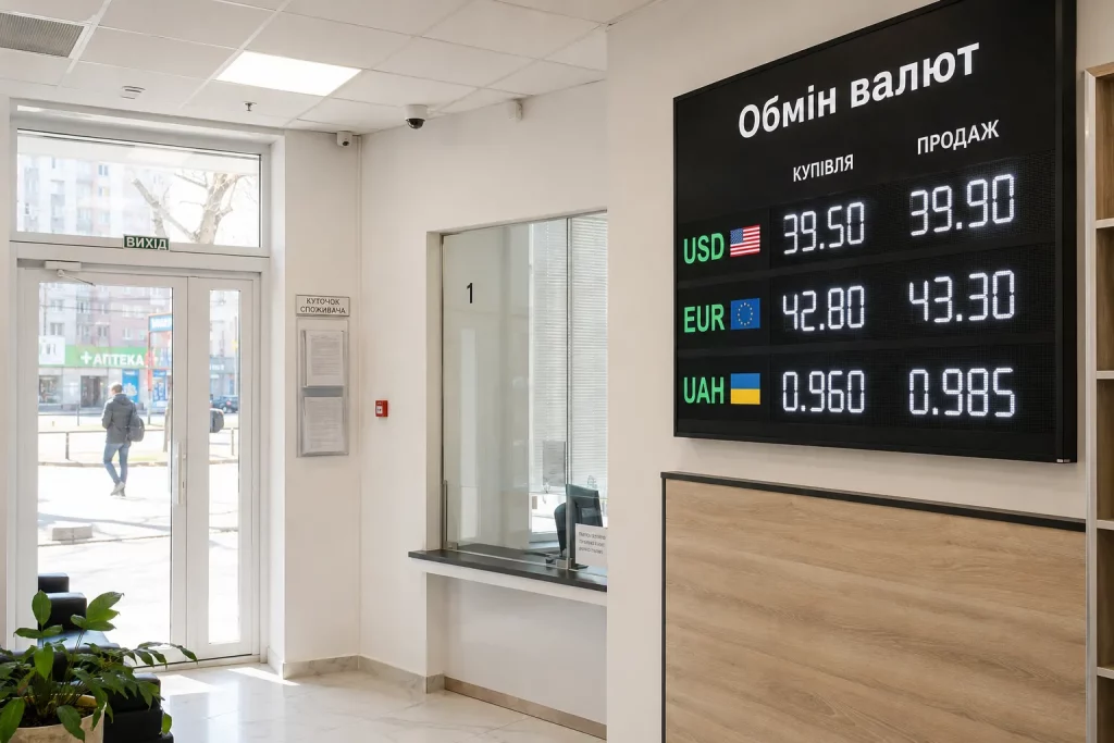 табло обменного пункта с курсами доллара и евро