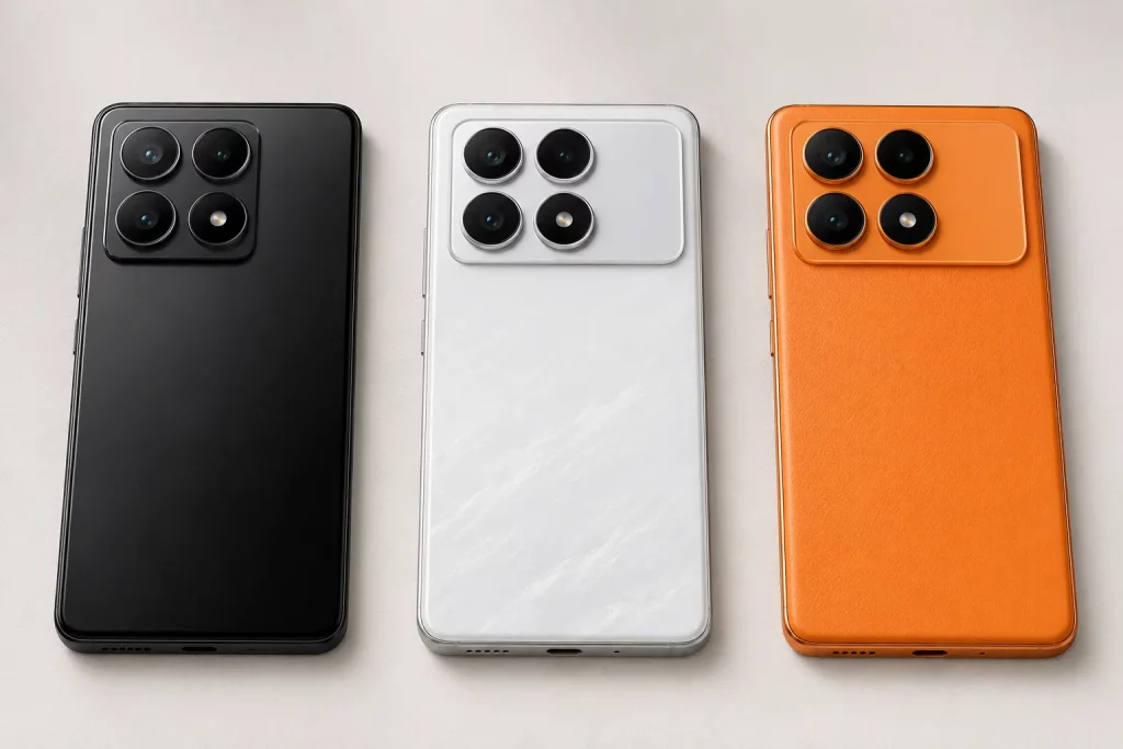 POCO X8 в черном, белом и оранжевом цветах
