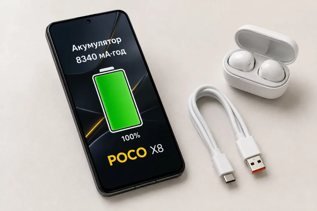 POCO X8 рядом с зарядным устройством и индикатором батареи 8340 мА·ч