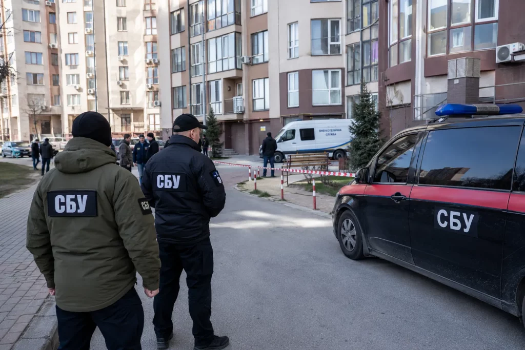 сотрудники правоохранительных органов возле жилого дома в Киеве