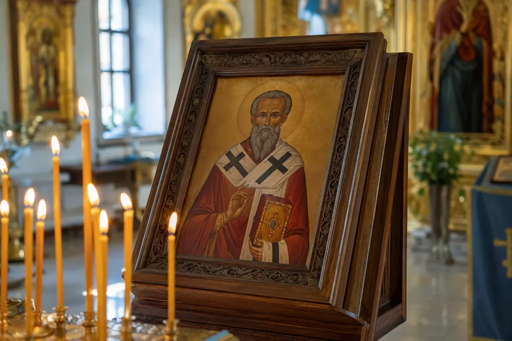 православная икона священномученика Вавилы и горящая церковная свеча