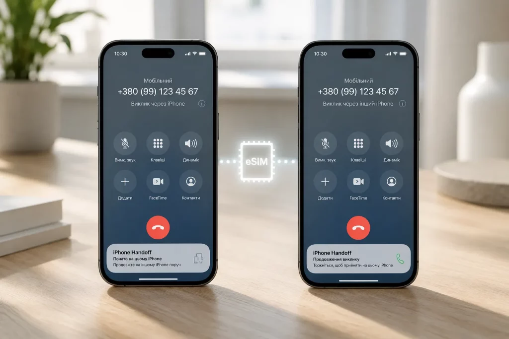 iPhone рядом с символом eSIM и индикатором мобильной сети