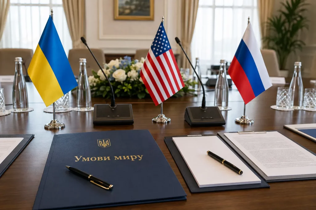 переговорный стол с флагами Украины, США и России