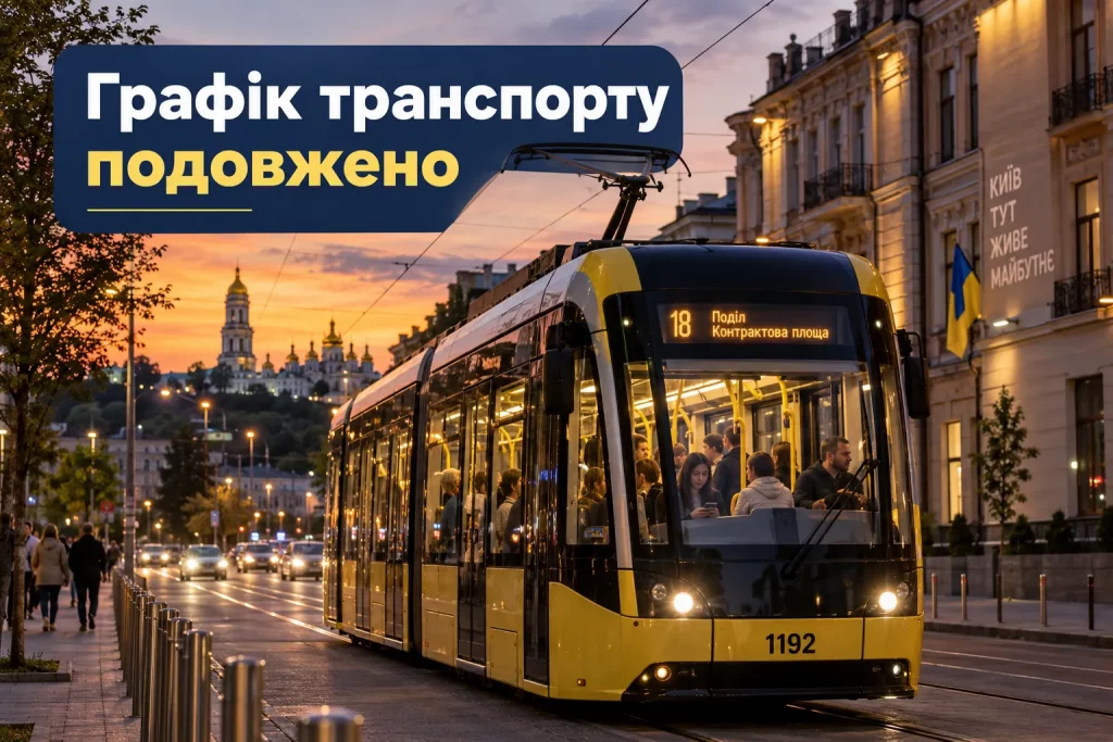 городской транспорт Киева вечером на улице с пассажирами