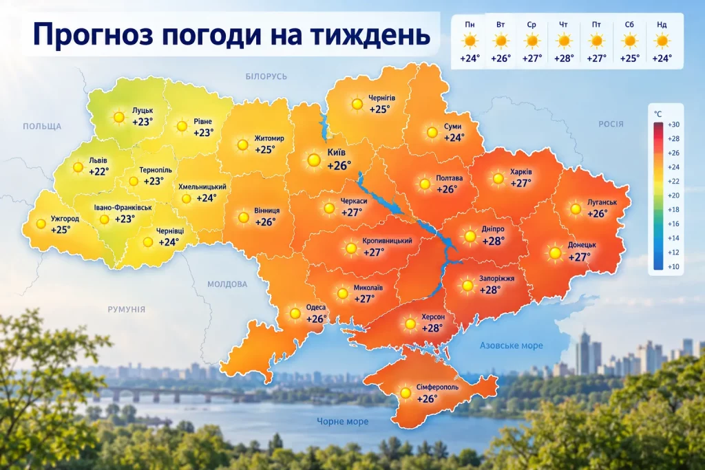 карта Украины с температурными показателями по регионам