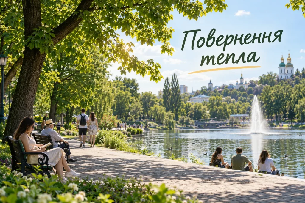 люди отдыхают в городском парке в жаркий солнечный день
