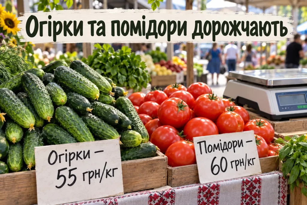 прилавок украинского рынка с огурцами, помидорами и капустой