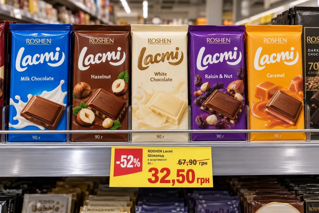 шоколад Roshen Lacmi с акционным ценником 32,50 грн