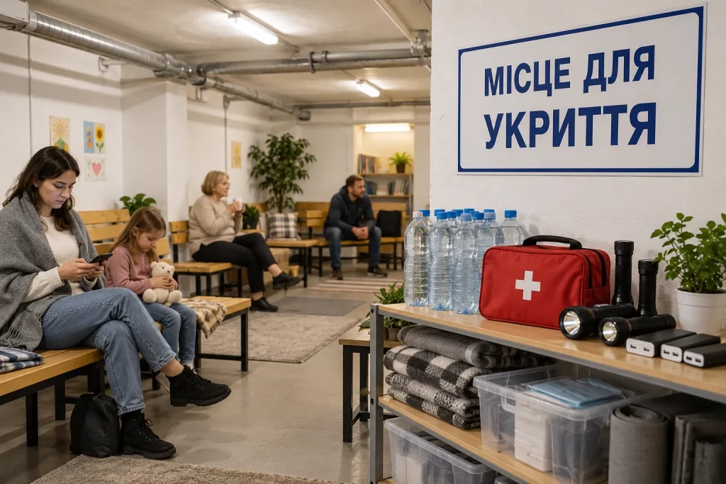 люди следуют по указателю к официальному укрытию