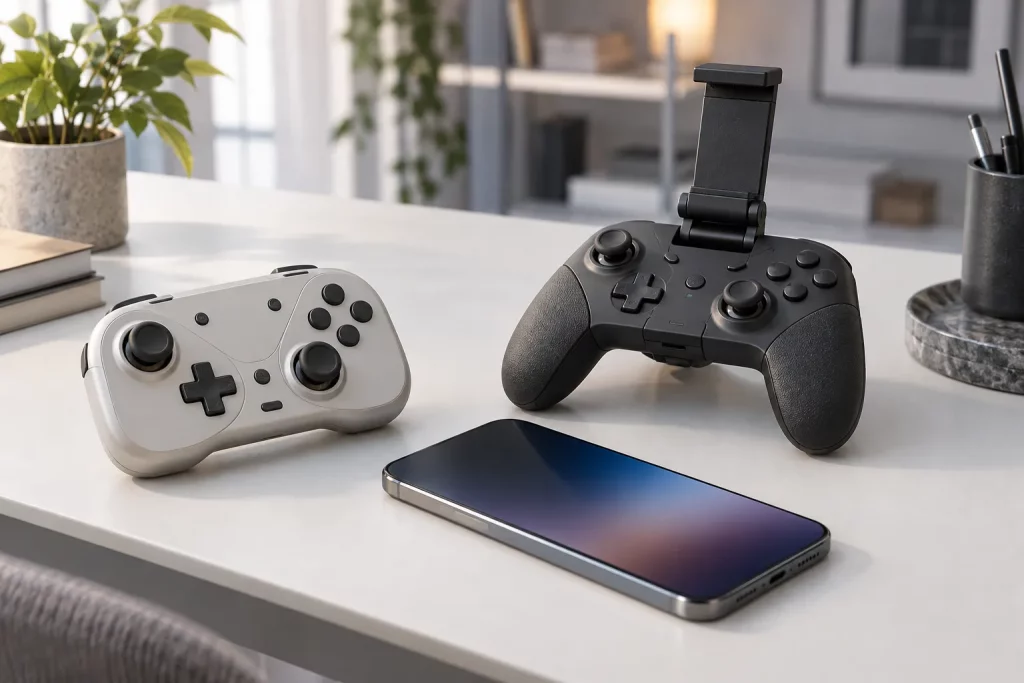 два прототипа игровых контроллеров рядом с iPhone.