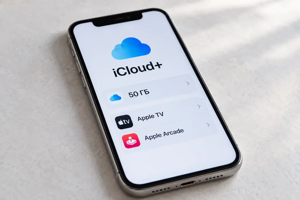 меню подписки iCloud+ на экране iPhone