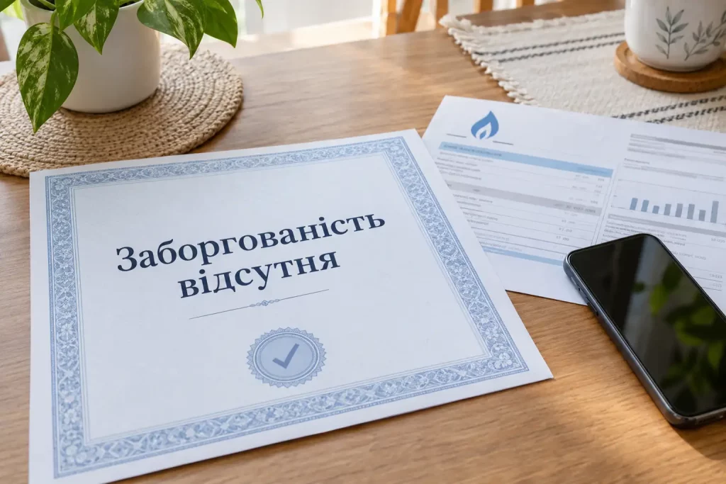 справка об отсутствии задолженности, квитанции за газ и смартфон с открытым личным кабинетом