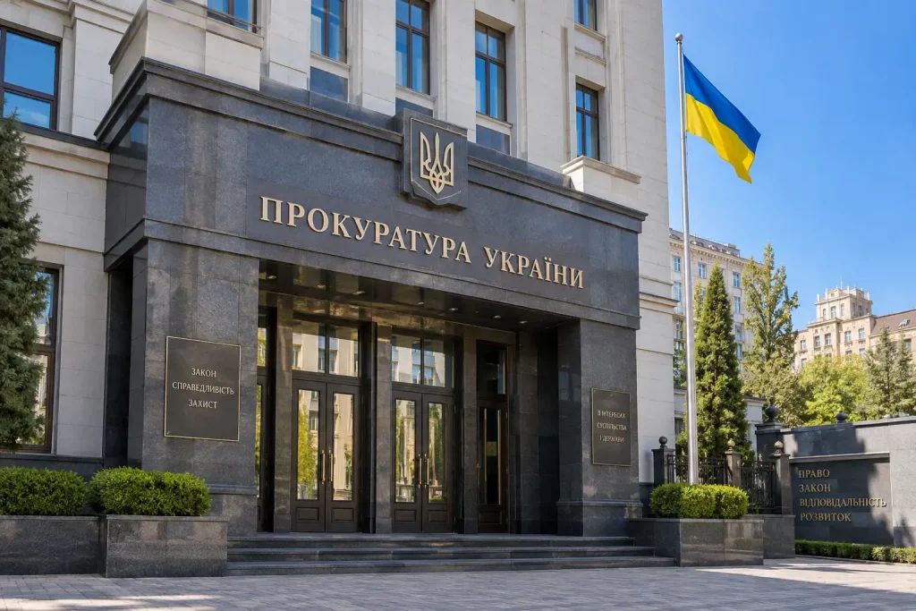 здание прокуратуры Украины на фоне ясного неба, светлая деловая атмосфера