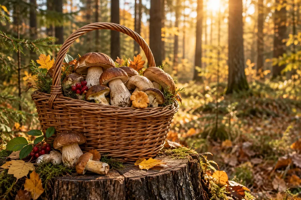 корзина с лесными грибами на фоне осеннего леса, светлый естественный день