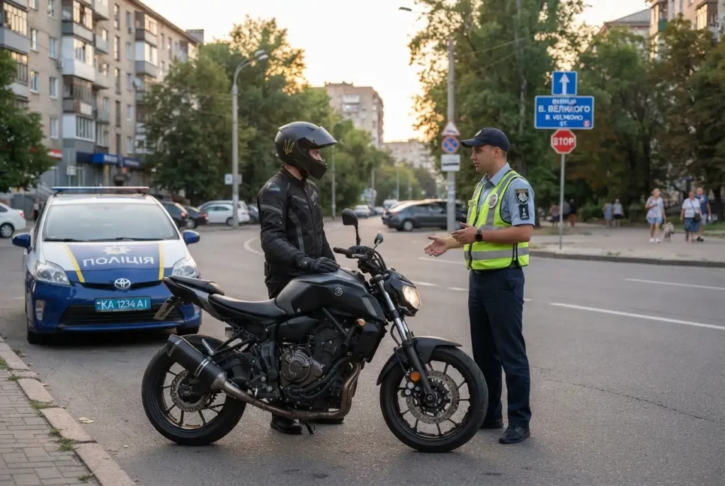 громкий мотоцикл и патрульный автомобиль на городской улице